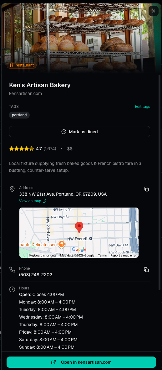 An enriched Travally bookmark showing ratings, hours, photos, address and map
